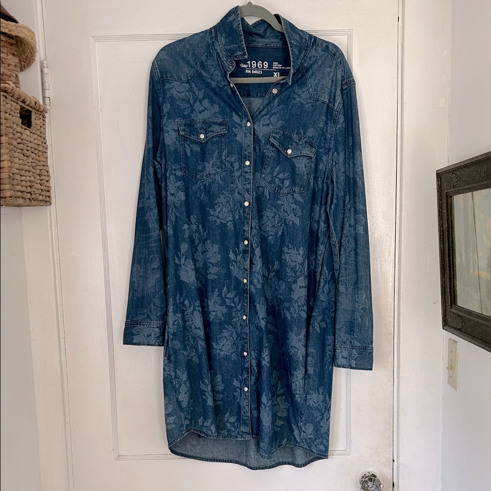 GAP Blue Floral Denim Shirt Dress